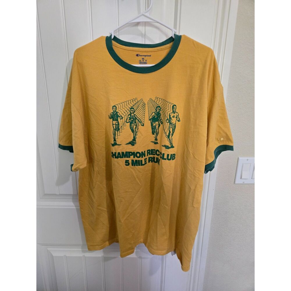 Champion Men’s Graphic T-Shirt Yellow Green Size 2XL Rec Club 5 Mile Run Ringer